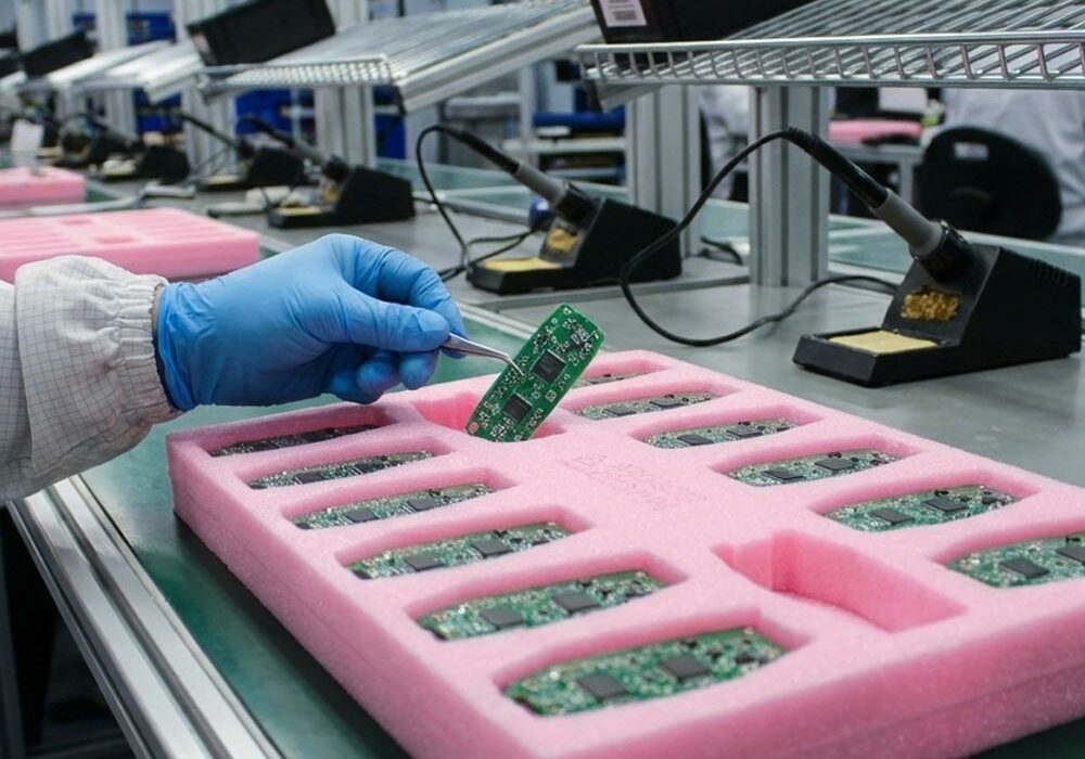 Anti-static foam A person placing computer chips into anti-static foam in a factory