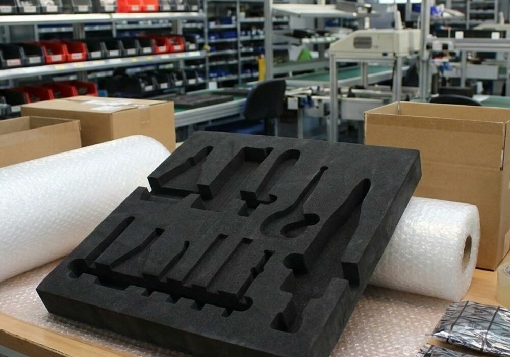 Conductive foam A conductive foam insert on a workbench