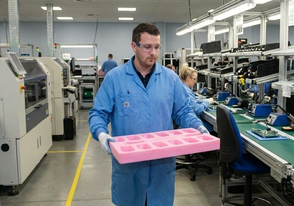 ESD foam A person carrying ESD foam in an electronics factory