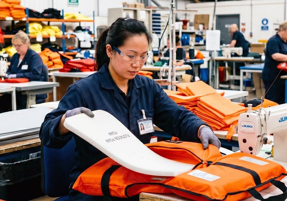 Microlen buoyancy foam A person using Microlen buoyancy foam to manufacture life jackets