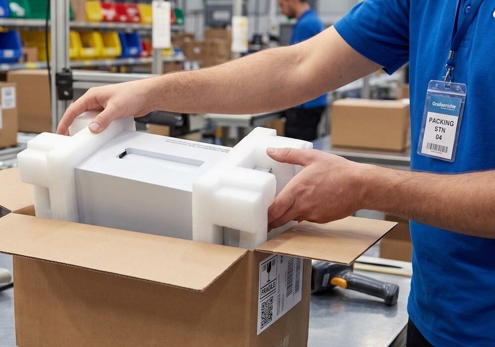 A person placing PE foam packaging into a box in a factory