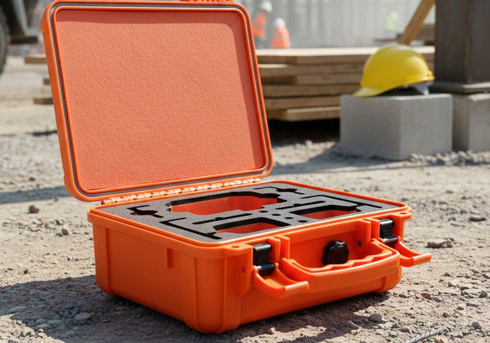 A protective case with polyethylene foam inserts on a construction site