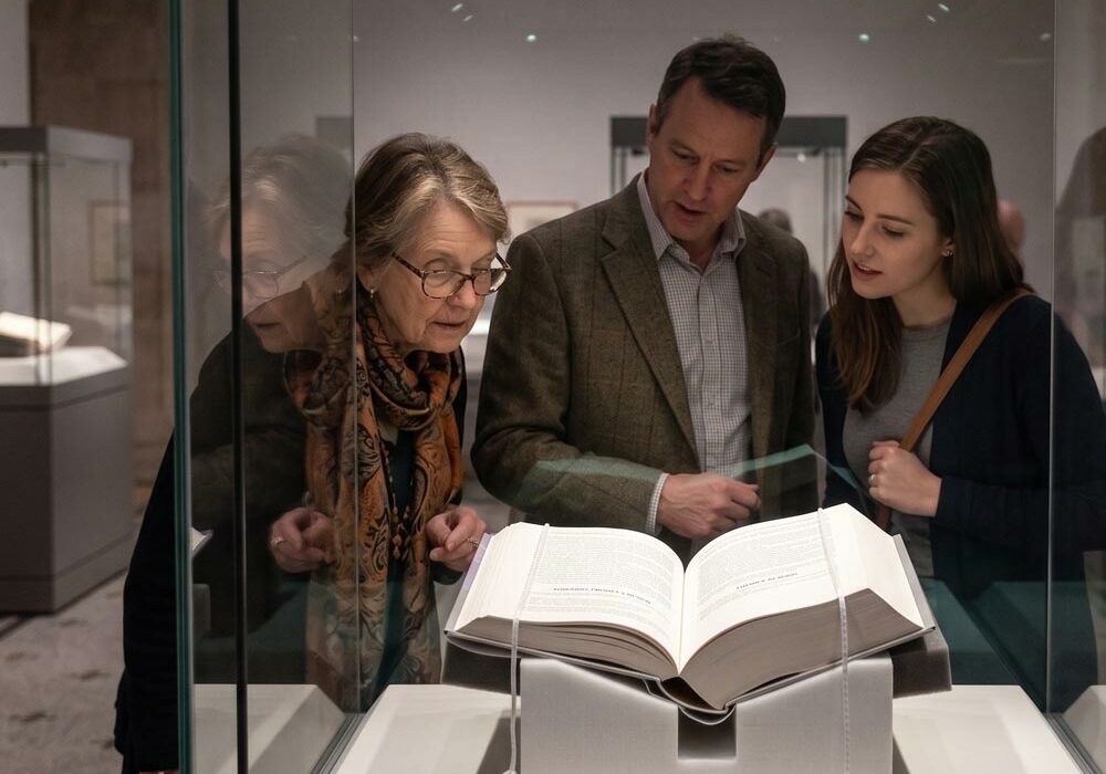 People looking at an historical document on a book support in a museum
