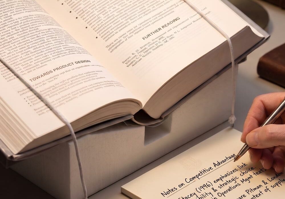 A person taking notes from a document on a book wedge