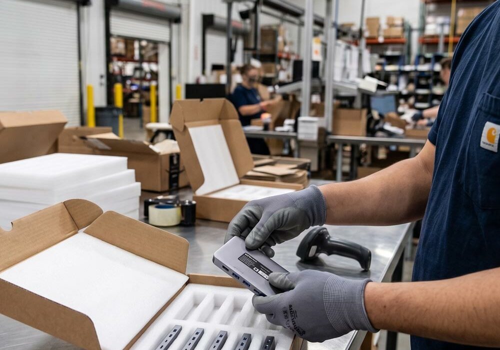 Boxes with foam lining A person packing products into boxes with foam lining