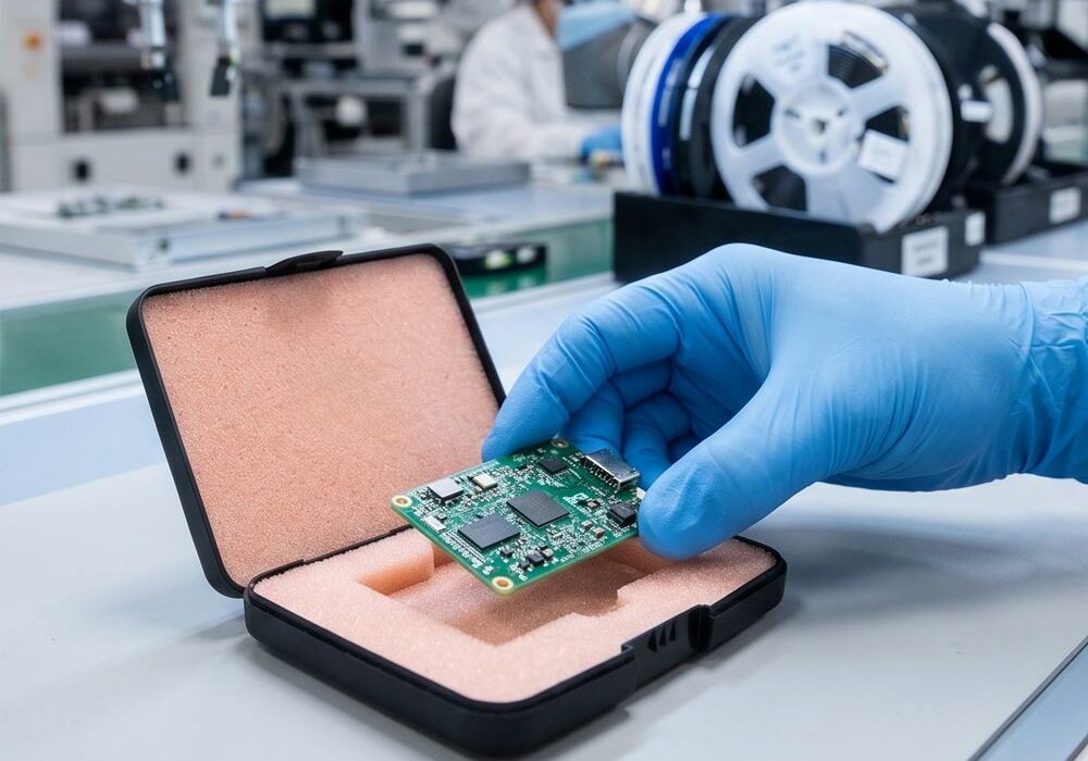 A person placing a PCB into a plastic box with foam