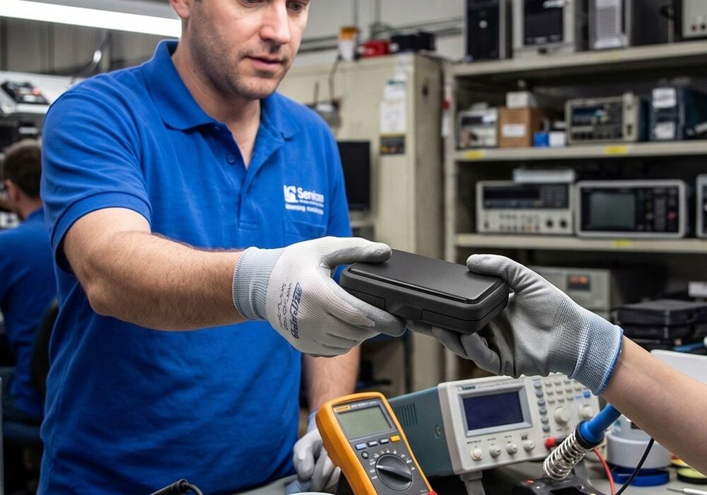 A person handing a component box to a colleague in a workshop