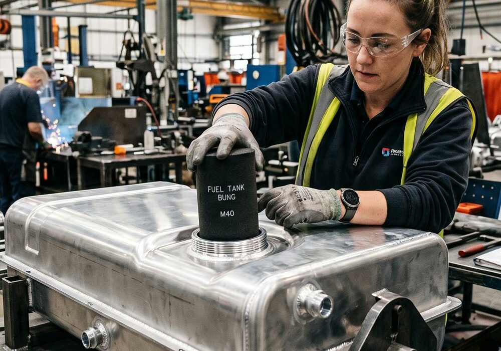 A person placing a custom foam bung in a fuel tank in a factory