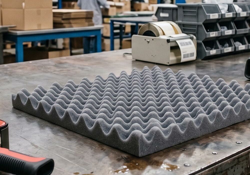 Egg box foam Egg box foam on a work bench in a factory