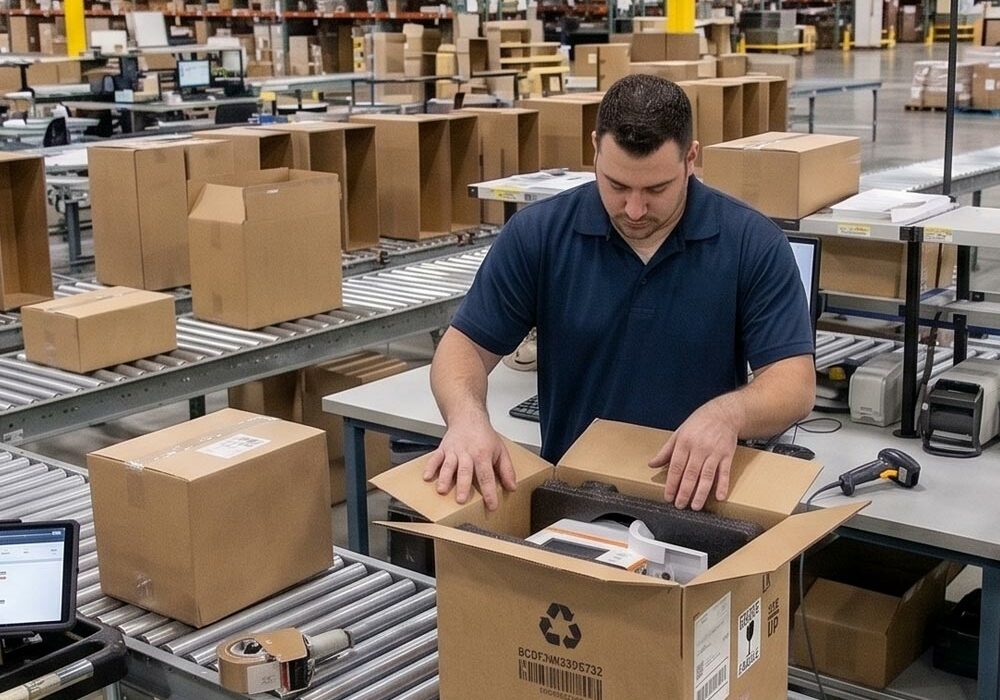 End caps A person packing foam end caps in corrugated packaging in a large warehouse