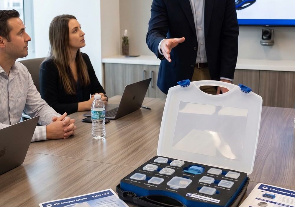 An Ergoline sample case on a table at a sales presentation
