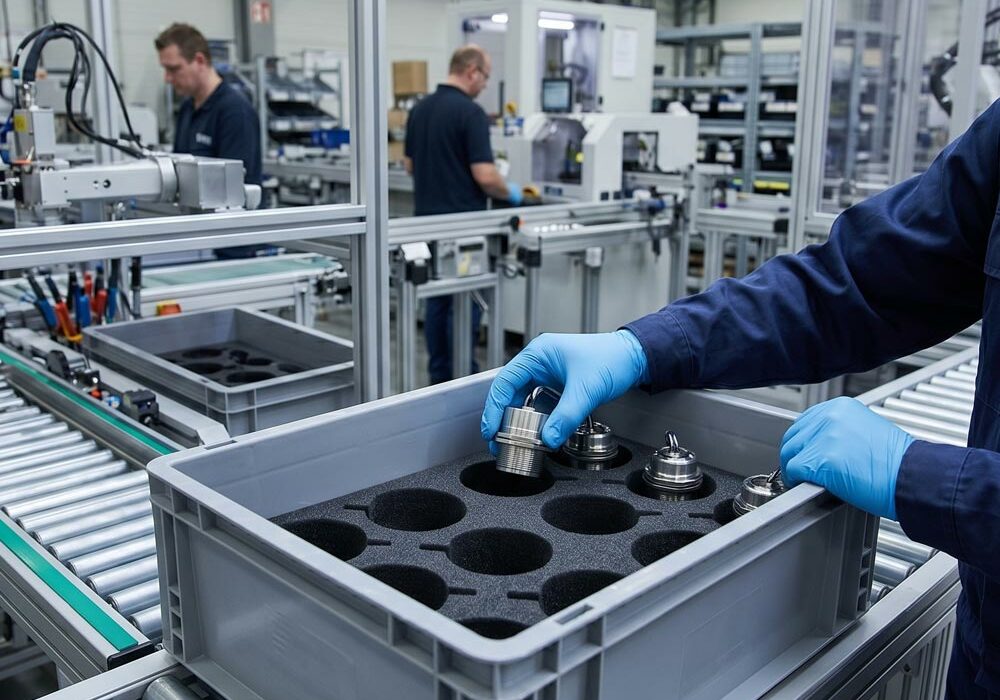 Euro container A person loading parts into a Euro container in a factory
