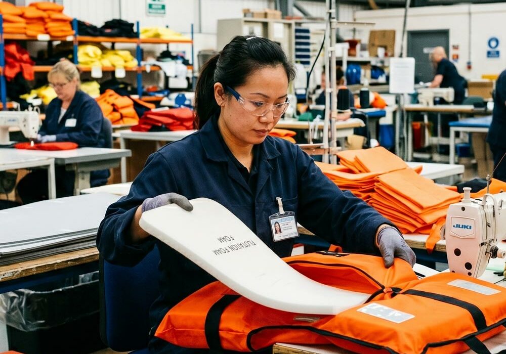 A person manufacturing life jackets at a flotation foam supplier
