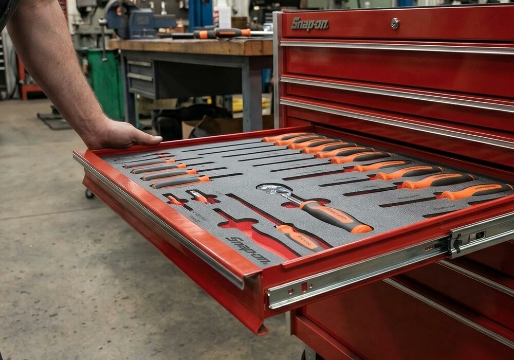 A person checking foam drawer inserts