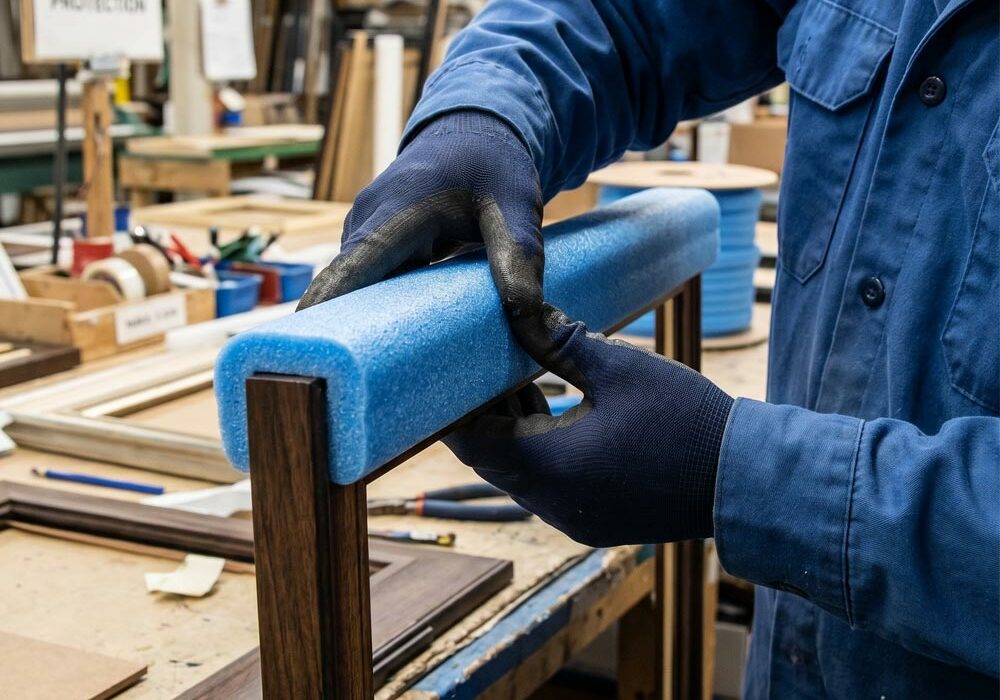 A person putting foam edge protection on a product in a workshop