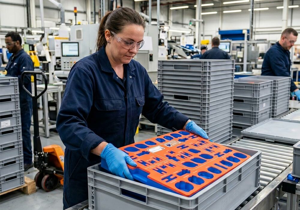Foam handling tray A person placing a foam handling tray into a container in a factory