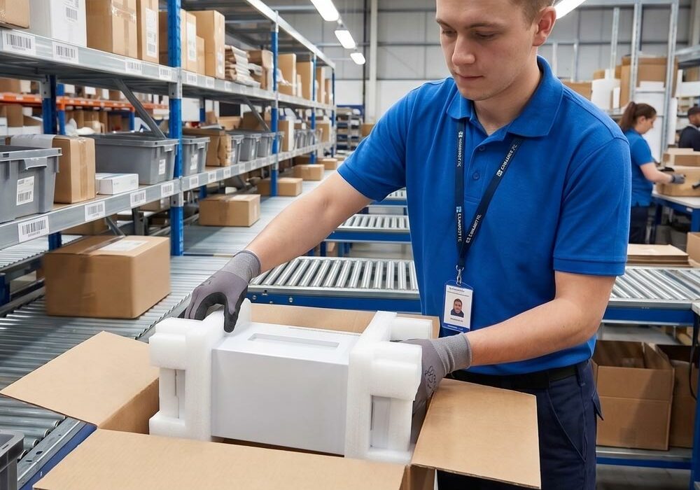 Foam packaging A person using foam packaging in a factory