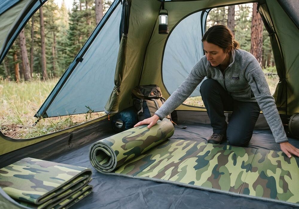Foam roll mats A person using foam roll mats in a tent