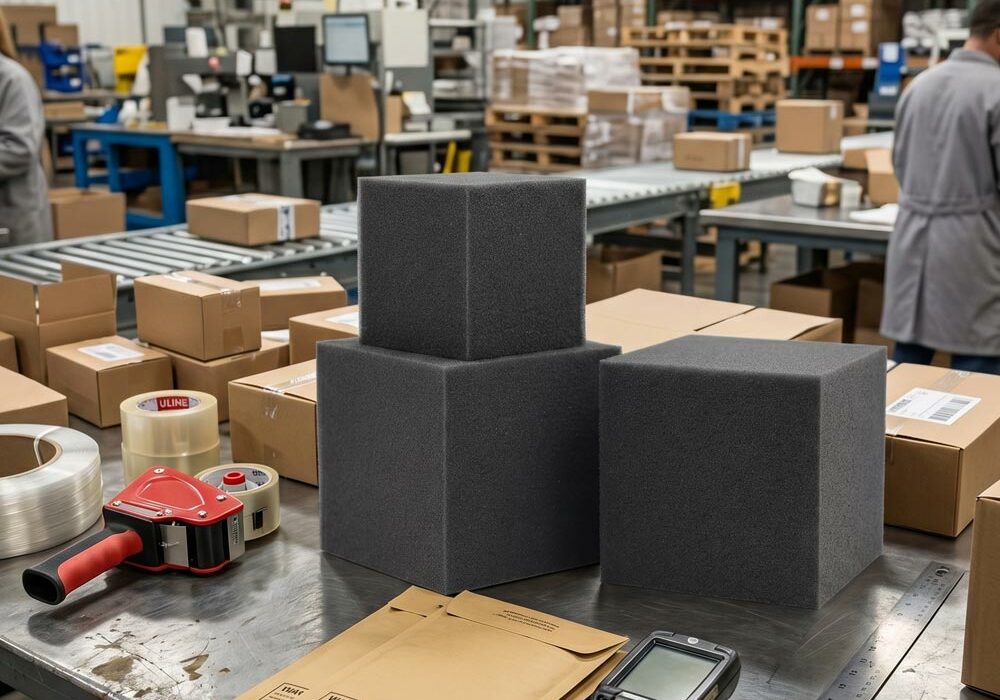 Foam shipping blocks Large foam shipping blocks on a packing bench in a factory