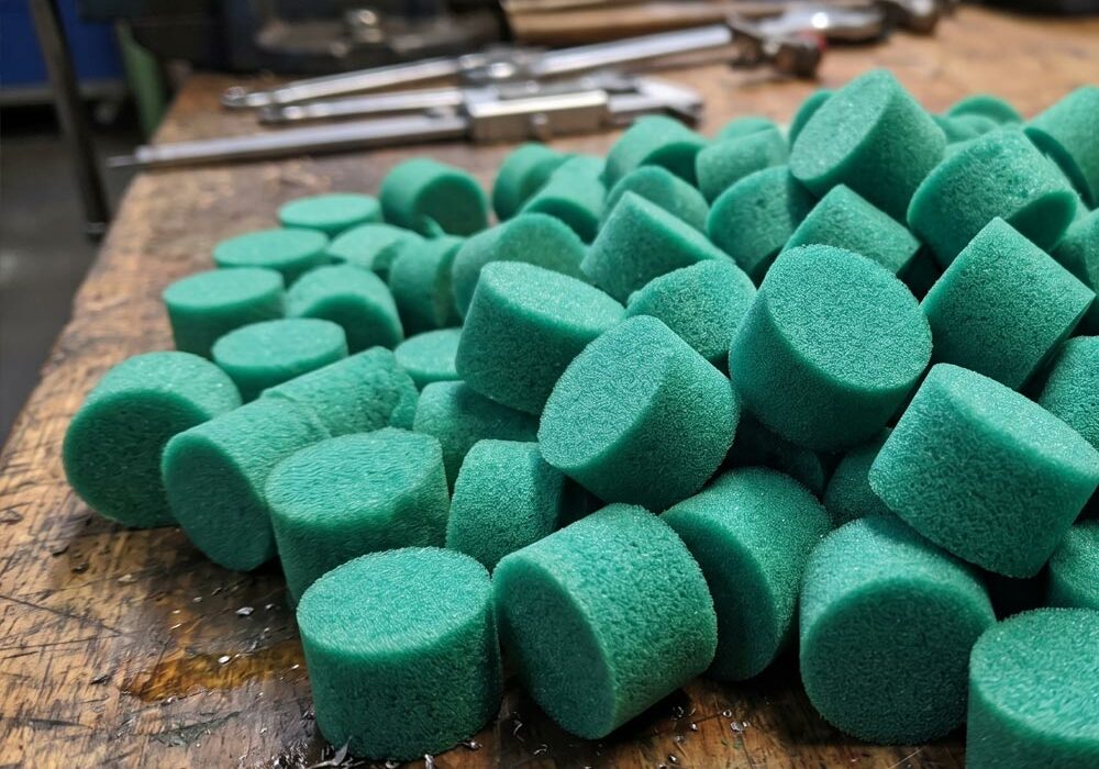 A pile of industrial foam bungs on a workbench in a factory