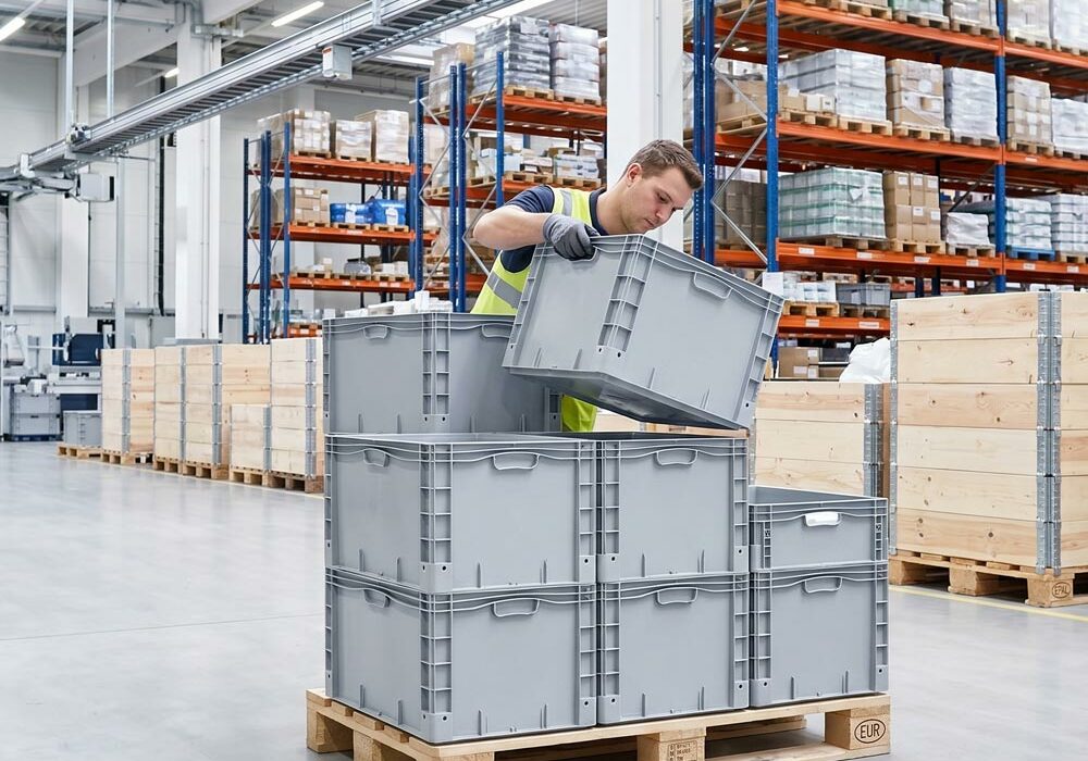 KLT containers A person stacking KLT containers in a warehouse