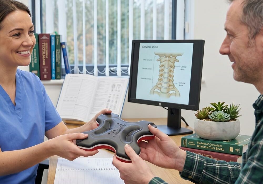 A doctor handing a moulded foam product to a patient during a consultation