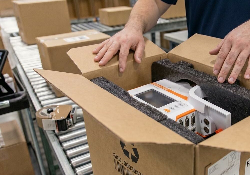 A person using packaging in a warehouse