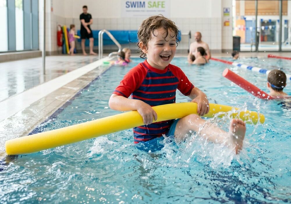 Pool noodle A child playing with a pool noodle