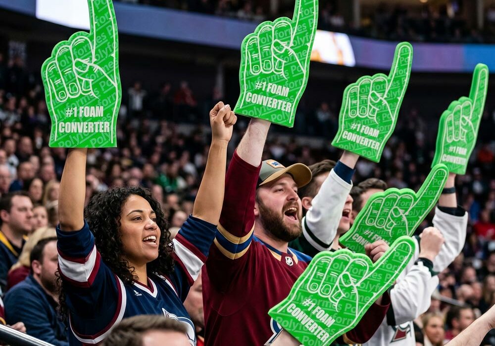 Promotional foam gifts A crowd of people wearing foam fingers