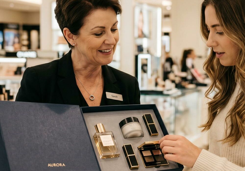 Two people looking at products in retail gift box foam