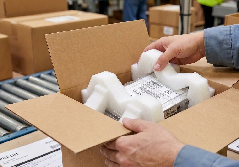 Stratocell end caps A person packing Stratocell end caps into a cardboard box